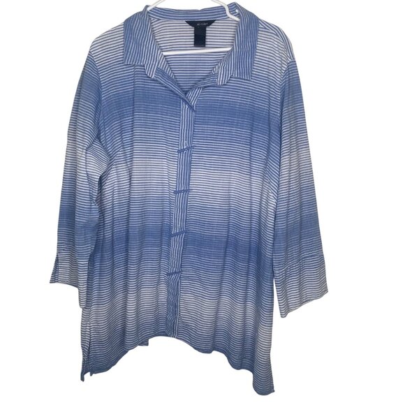 Ali Miles Tunic Top Womens 2X Blue Striped Button Front  3/4 Sleeves Lagenlook C - Picture 1 of 16